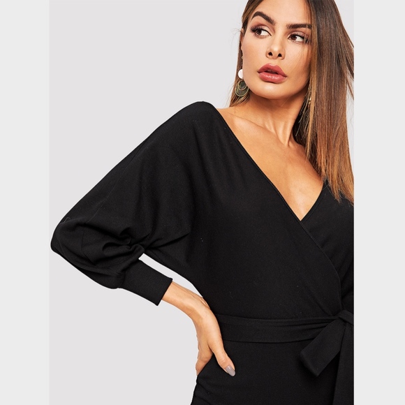 New! Batwing Sleeve Self-Tie Wrap Dress Black - Picture 4 of 7